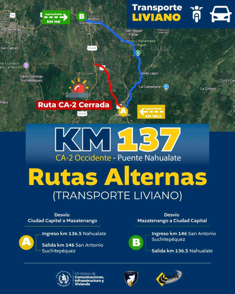 El puente Nahualate, en el km 137 de la ruta CA-2 Occidente, ha sido cerrado por prevención. Estas son las rutas alternas para vehículos livianos.