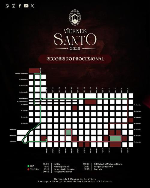 Santo Cristo Yacente de El Calvario: inicia a las 15:00 horas y retorna a las 02:15 horas del Sábado de Gloria.