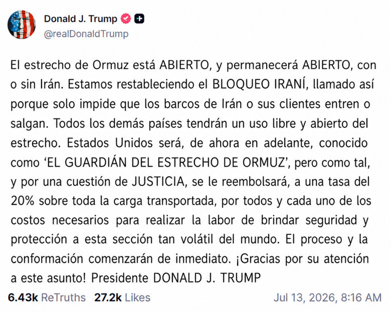 El anuncio ocurre luego de que Irán afirmara haber cerrado el estrecho de Ormuz, mientras Estados Unidos sostiene que la vía continúa abierta al tráfico comercial.