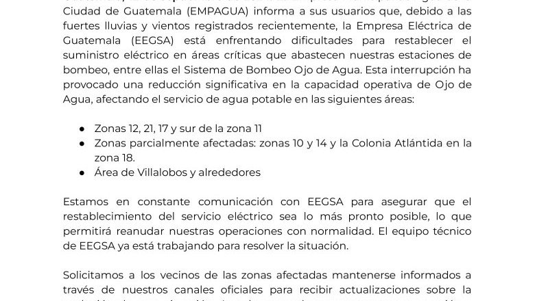 Ocho zonas de la ciudad capital con servicio irregular de agua potable ...
