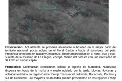 Insivumeh prevé ambiente cálido y lluvias este lunes en varias regiones de Guatemala