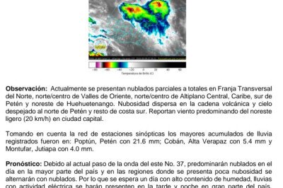 Onda del Este número 37 favorecerá lluvias y tormentas eléctricas en gran parte de Guatemala